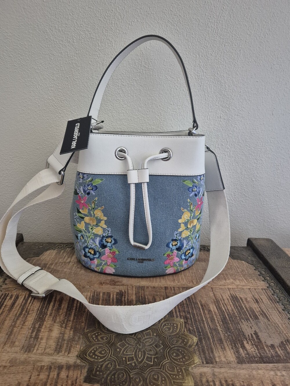 Karl Lagerfeld Paris White & Denim Floral Bucket Bag with Contrast Strap